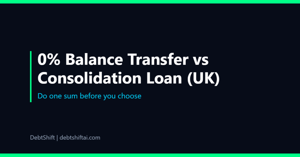 Dark graphic comparing a 0 percent balance transfer card and a consolidation loan