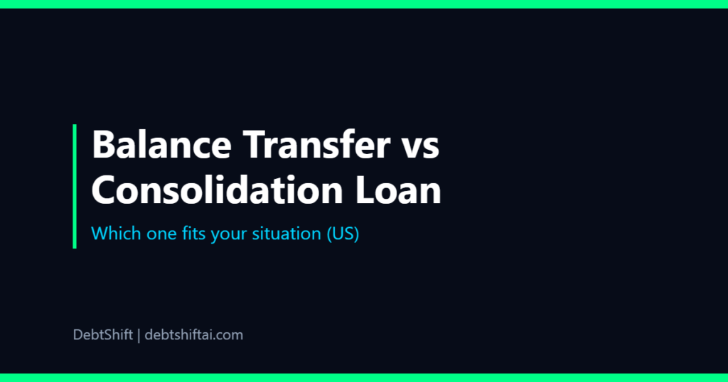 Dark graphic comparing a balance transfer card and a consolidation loan