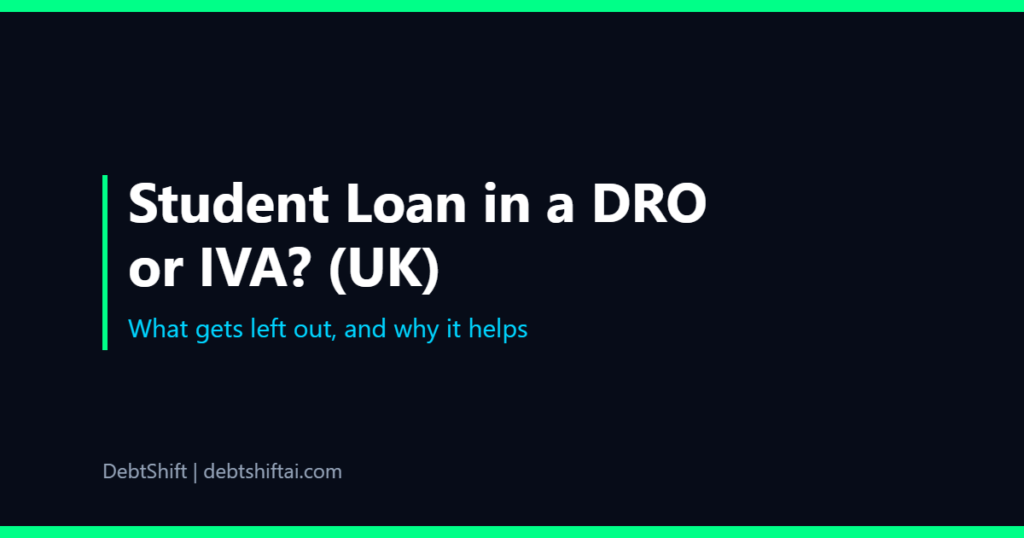 Dark graphic of a student loan statement set apart from other debts with a DRO document
