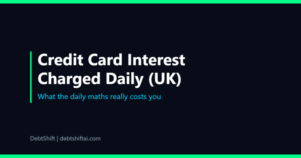 Dark graphic showing a credit card with a daily interest calendar