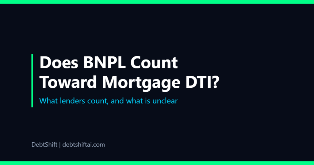 Dark graphic showing buy now pay later and a mortgage debt-to-income ratio