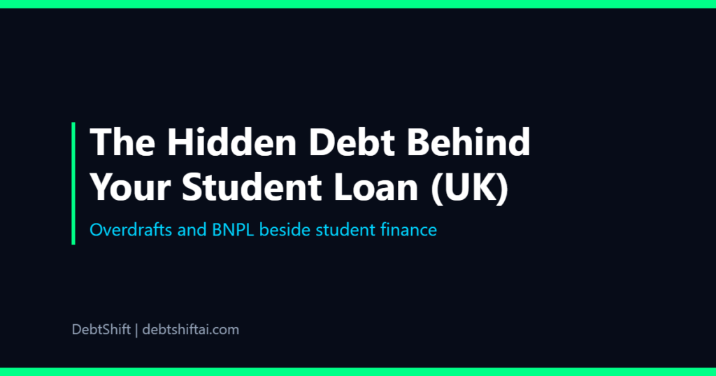 Dark graphic of a student card, overdraft balance and BNPL app notifications