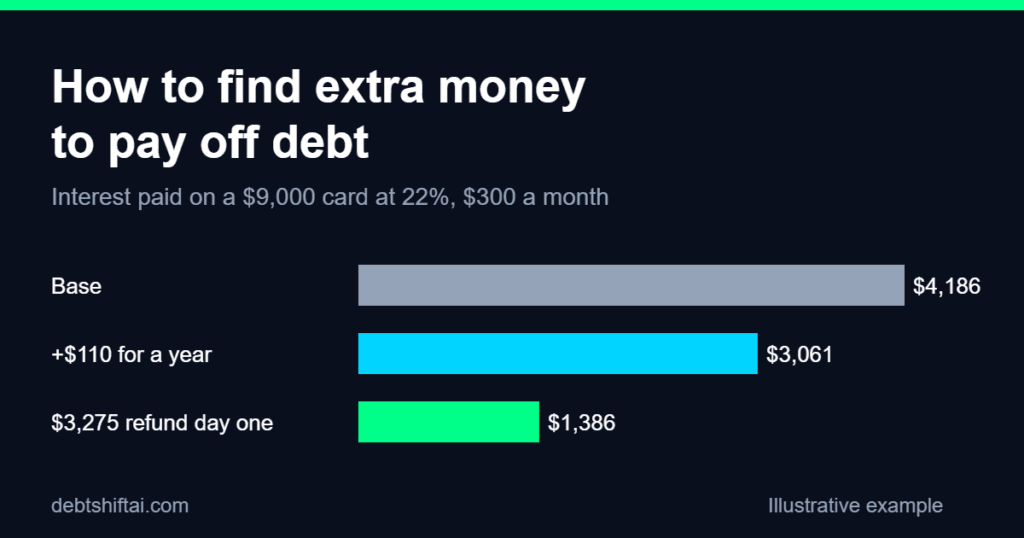 Bar chart of interest paid on a $9,000 card: base, extra $110 for a year, and a $3,275 refund on day one