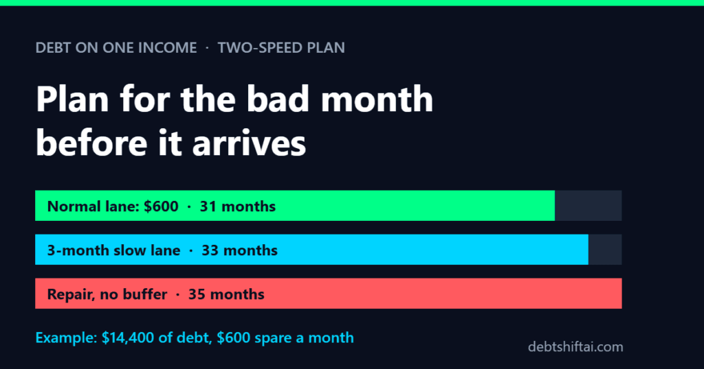 Bar chart: $14,400 of debt clears in 31 months on a normal plan, 33 with a 3-month pause and 35 if a repair hits with no buffer