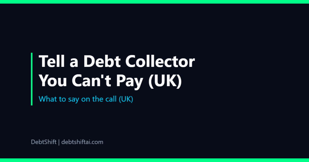 Dark graphic of a phone ringing with a short script of what to say to a debt collector