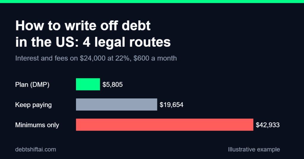 Bar chart of interest and fees on $24,000 of debt: debt management plan, keep paying, minimums only