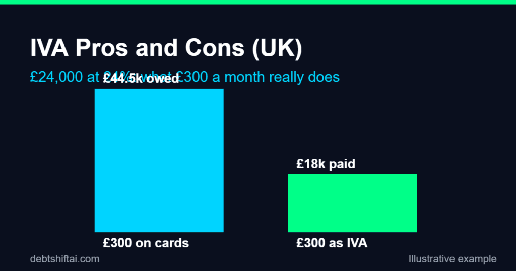 Chart: £24,000 debt at 24% with £300 a month on cards versus an IVA over 60 months