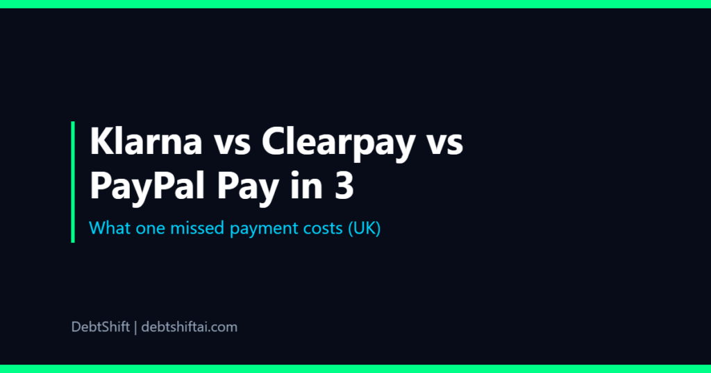 Dark graphic comparing Klarna, Clearpay and PayPal Pay in 3 late fees
