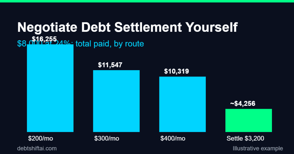 Bar chart: total paid on an $8,000 card at 24% for three monthly payments versus a $3,200 settlement