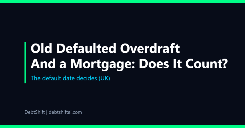 Dark graphic of a house outline beside an old bank overdraft letter and a calendar