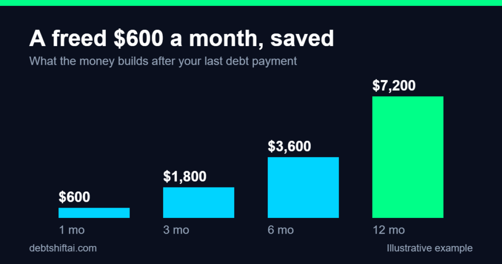 Bar chart of a freed 600 dollar monthly payment saved over 1, 3, 6 and 12 months (illustrative)