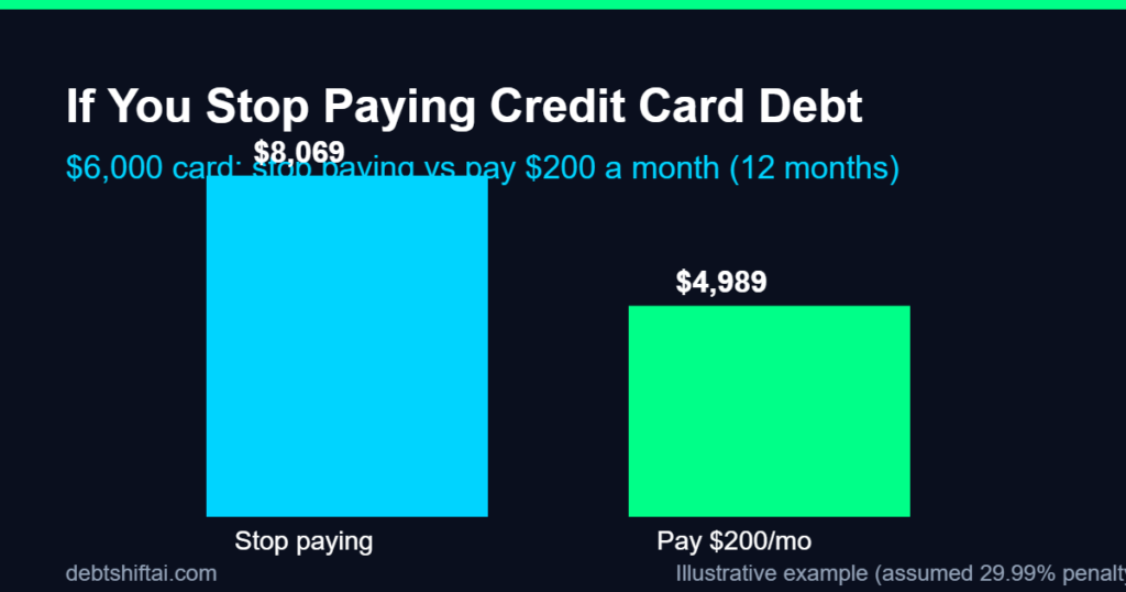 Bar chart: a $6,000 card balance after 12 months if you stop paying versus paying $200 a month