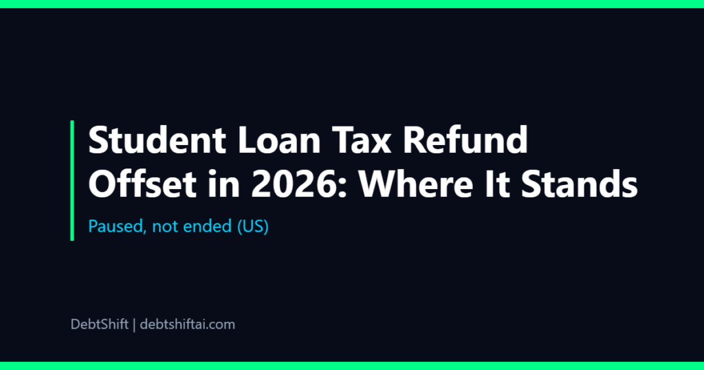 Dark graphic of a tax refund check with a pause symbol and a student loan notice