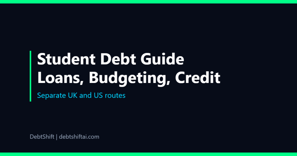Dark graphic with two paths for student debt, one UK and one US